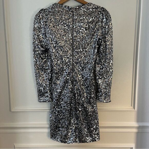 Bardot Sequin Long Sleeve Mini Dress Wrap Front Silver Size 6 NWT - Picture 7 of 9